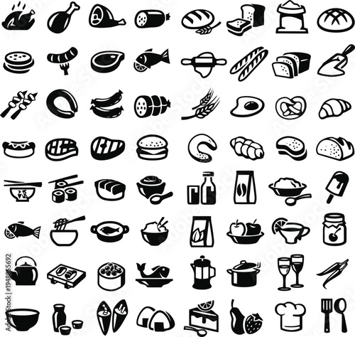 Culinary food and drink silhouette icons for restaurant menu and grocery store advertising