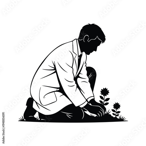 Man planting flowers in garden silhouette, gardener working outdoors
