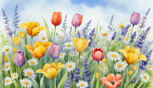 Bright garden flowers: tulips, daisies, and lavender in watercolor illustration
