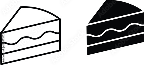 Black and white outline and filled icons of a triangular slice of cake with wavy frosting layers, representing dessert or bakery items.