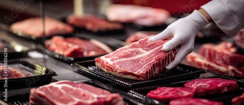 The Raw Beef Steaks on Display with Gloved Hand Arranging Packages