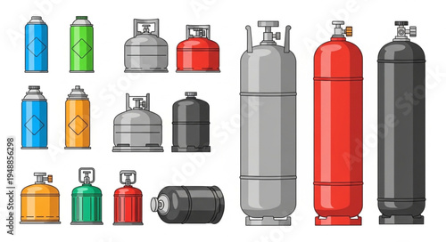 Collection of Gas Cylinders in Various Sizes and Colors.
