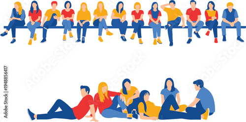 Flat vector illustration of a diverse group of people sitting on a long bench and lying on the ground for social community design.