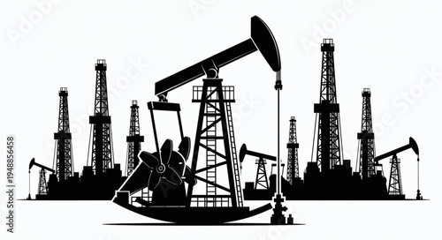 Silhouette of Oil Rigs and Derricks in a Petroleum Field.