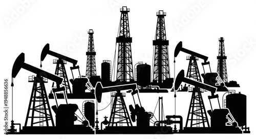 Silhouette of Oil Rigs and Pumpjacks Against a White Background.