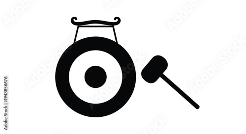 Simple graphic of a gong and mallet in black silhouette