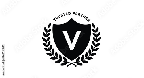 Black shield emblem with a white v and laurel wreath silhouette