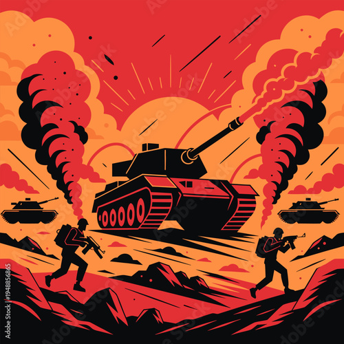Military battlefield vector illustration with heavy tanks and soldiers silhouettes in dramatic red and orange sunset. Epic war scene with smoke clouds and combat action in flat design style.