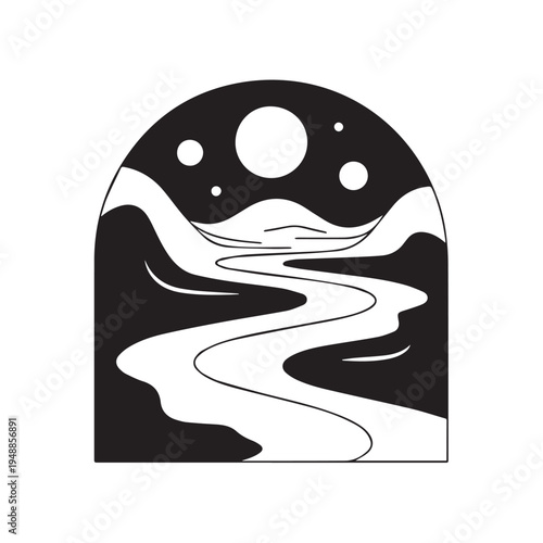 Perspective view of empty street between buildings with lamp posts and shadows creating dramatic atmosphere in town with vintage feel and monochrome contrast