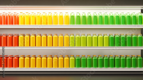 A colorful display of juice bottles arranged on shelves, showcasing a vibrant variety of flavors and colors for refreshing choices.