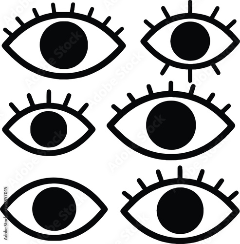 Six stylized black eyes with eyelashes arranged on a white background