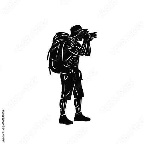 Man silhouette with camera and backpack taking photo as nature photographer
