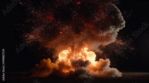 Intense fiery mushroom cloud explosion against a black background, with embers
