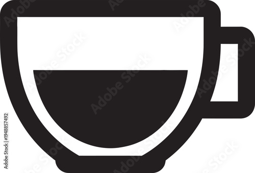 Minimalist coffee cup icon representing a half full mug of hot beverage for breakfast or office break time.