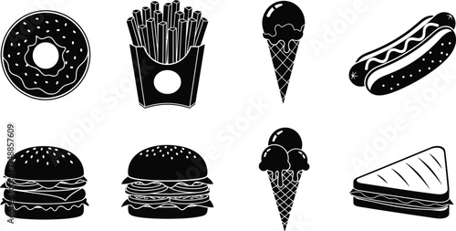 Fast food silhouette set featuring donut  fries ice cream hot dog burgers and sandwich isolated on white  food silhouette set featuring donut  fries ice cream hot dog burgers and sandwich