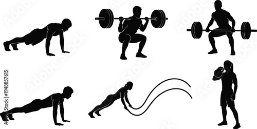 Fitness workout silhouette set with push ups barbell squat deadlift battle rope training and boxer athlete exercises isolated on white background