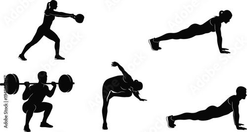 Fitness workout silhouettes showing kettlebell training push ups barbell squat and stretching exercises isolated on white background gym training concept