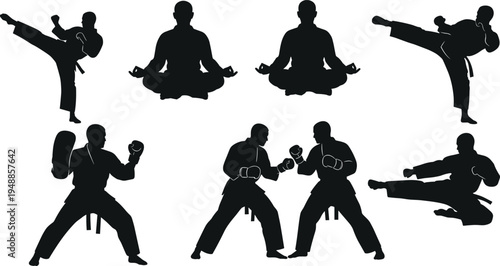 Martial arts fighter silhouette collection with karate kicks boxing sparring meditation pose and combat training action set isolated