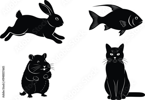 Minimalist animal silhouettes featuring rabbit, fish, hamster, and cat icons for pet care, wildlife, domestic animals, and nature design concepts.