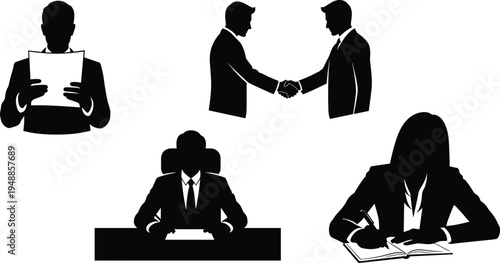 Minimalist business silhouettes showing teamwork handshake, document review, executive leadership at desk, and professional note‑taking illustration for corporate communication, management, 