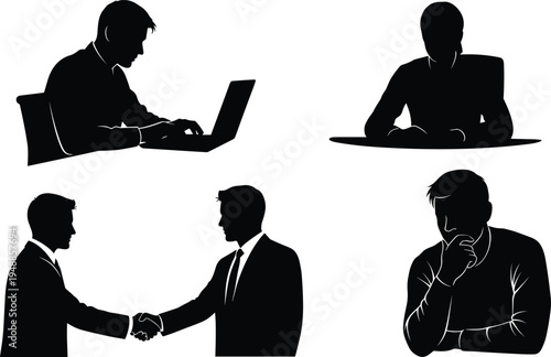 Minimalist business silhouettes featuring laptop work, meeting posture, handshake agreement, and thoughtful contemplation icons for corporate teamwork, negotiation, and productivity concepts.