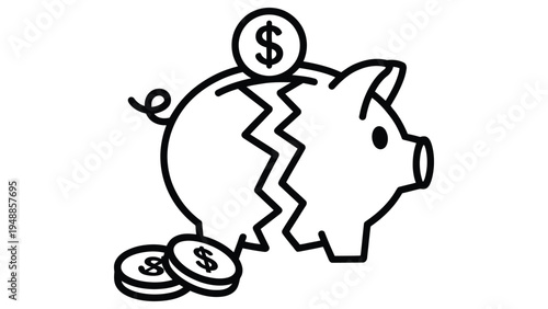 broken piggy bank savings icon vector illustration with coins and financial loss concept isolated money management symbol