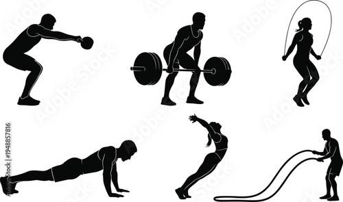 Minimalist fitness silhouettes featuring kettlebell squat, barbell deadlift, jump rope, plank push‑up, backbend stretch, and battle ropes workout icons for gym training concepts.