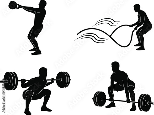 Minimalist fitness silhouettes featuring kettlebell swing, battle ropes, barbell squat, and deadlift workout icons for gym training, strength, endurance, and healthy lifestyle concepts.