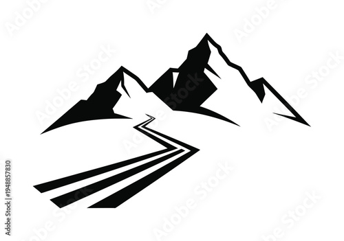 Vector featuring a zigzagging road cutting through jagged mountain peaks