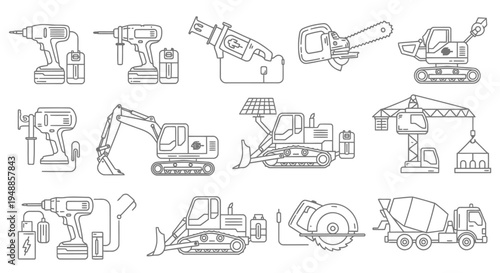 Set of Construction Vehicles and Power Tools Line Art Icons - Heavy Machinery and Hand Equipment Illustrations for Industry and DIY
