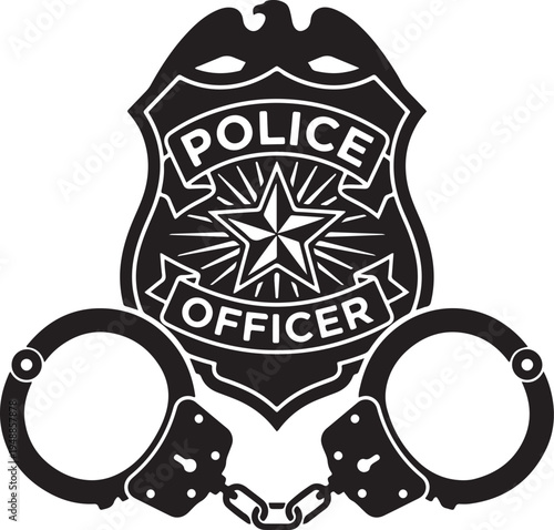 Black and white police badge with handcuffs