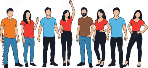 Diverse group of young people standing together in casual colorful clothes flat vector illustration of men and women for community team group concept.