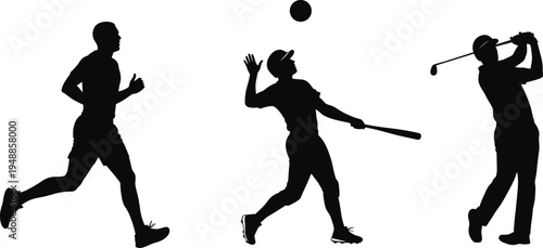 Minimalist sports silhouettes featuring running athlete, baseball batter, and golf player icons for fitness, athletics, competition, and recreational activity concepts.
