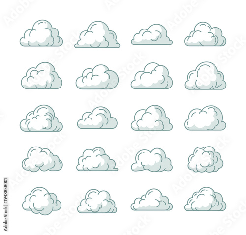 Collection of vector cloud illustrations in various shapes and sizes arranged neatly in a grid layout