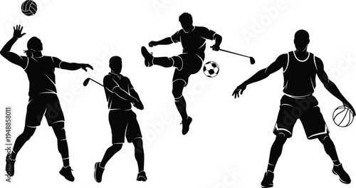 Minimalist sports silhouettes featuring volleyball serve, golf swing, soccer kick, and basketball player icons for athletics, competition, teamwork, and recreational activity concepts.