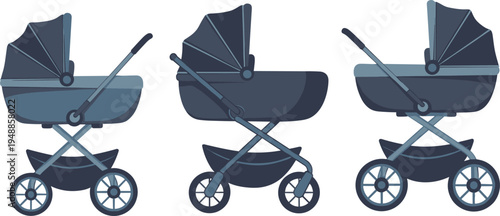 Modern baby strollers collection with bassinet design, canopy cover, storage basket, and stylish wheels, showcasing variations in color and structure for parenting lifestyle concepts