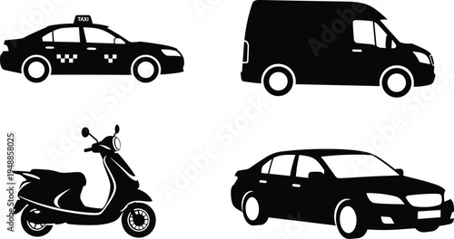 Minimalist transportation silhouettes featuring taxi cab, delivery van, scooter moped, and sedan car icons for urban travel, logistics, commuting, and mobility concepts.