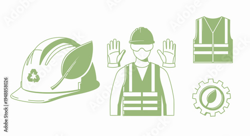 Green Industrial Safety and Sustainable Construction Icons with Eco-Friendly Worker Gear