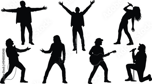 "Collection of seven musician silhouettes showing singers and guitarists in dynamic concert poses, representing live performance, entertainment, passion, energy, and musical expression"