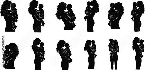 "Collection of twelve motherhood silhouettes showing women holding, cradling, and embracing children, representing maternal love, care, affection, family bonding, and parent‑child connection"