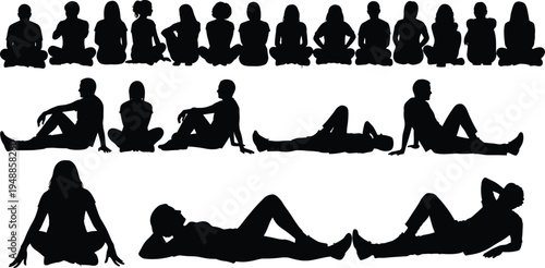 Diverse collection of people silhouettes in various sitting and lying down poses featuring men women and children for community group concepts isolated on white.
