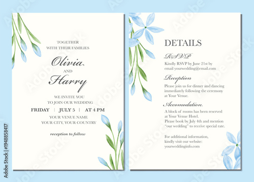 Watercolor Blue Floral Wedding Invitation