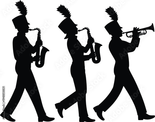 Marching band musician silhouette vector set, parade performers with saxophone and trumpet