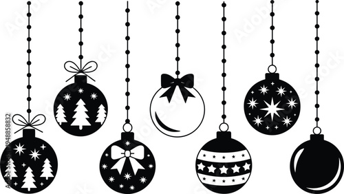 Christmas ball ornaments hanging vector set, festive holiday baubles for winter decoration