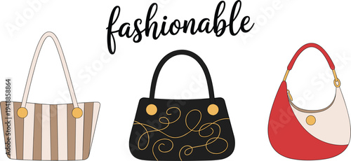 Set of fashionable women handbag vector, stylish lady purse collection for modern accessories