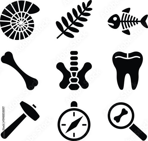 Black flat icons of prehistoric fossils skeletal remains and exploration equipment collection