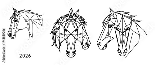 Geometric horse head illustration set with intricate polygonal patterns featuring an abstract animal design, symmetrical lines with a modern artistic style and white background