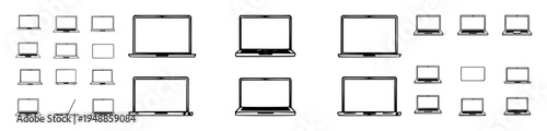 Laptop icons set with flat and line style illustrations featuring notebooks, laptop computer, multiple design variations with vector graphics and minimalist design