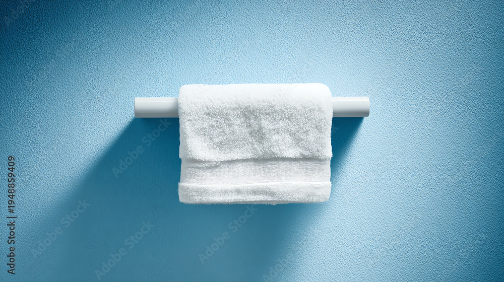 Obraz premium A neatly hung white towel on a minimalist blue wall, providing a clean and refreshing appearance for a bathroom or spa setting.
