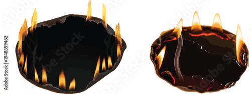 Burning Paper Hole with Realistic Fire Flames Isolated. Burnt papper with hole. Realistic burning paper holes with glowing flames and charred edges isolated on transparent background for fire damage .